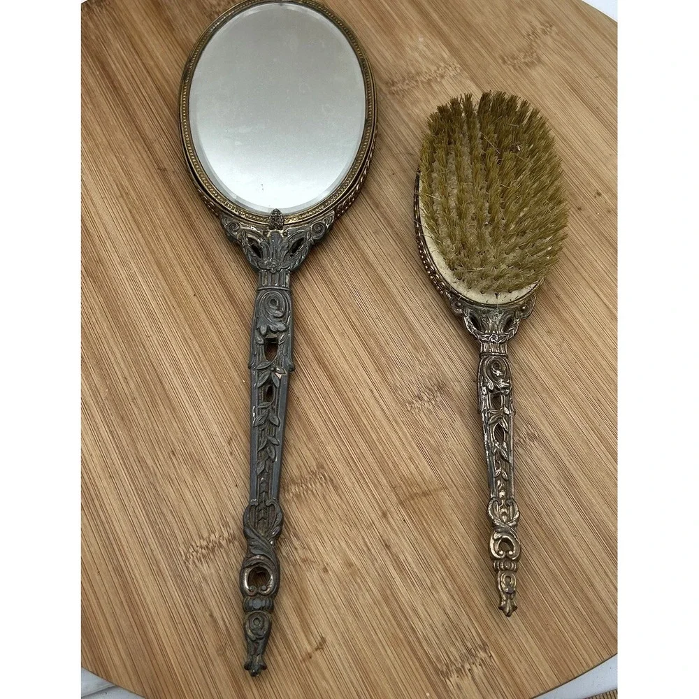 Apollo Hand Mirror & Brush Set Ormolu Filigree Floral‎ Vanity Hollywood Regency